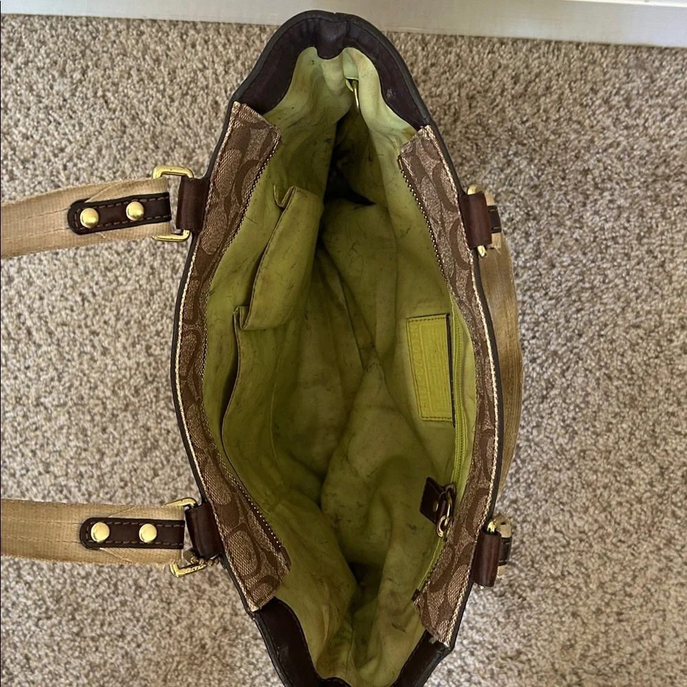 Vintage Coach Signature Chelsea Heritage Stripe Tote tan brown/ leather trim - Picture 4 of 7